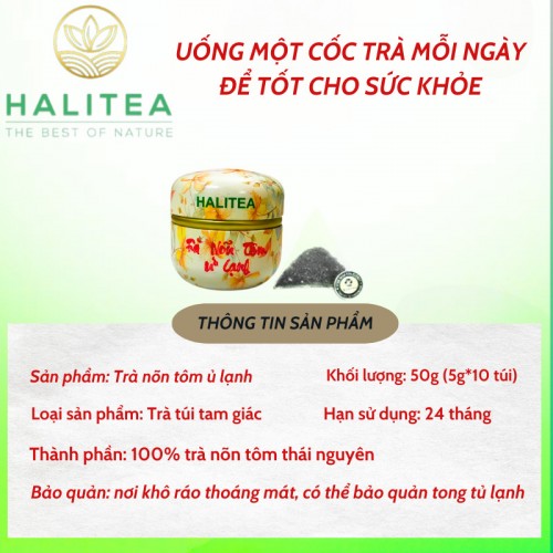 Trà Nõn Tôm Ủ Lạnh HALITEA Túi Tam Giác Hộp Thiếc 50g/ hộp/ 10 túi 